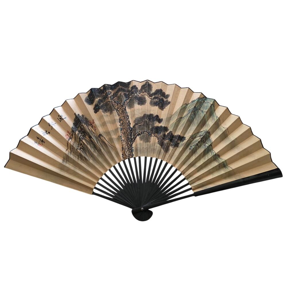 Large Vintage Chinese Hand Painted Folding Wall Fan Welcome Pine 56" Wall Decor